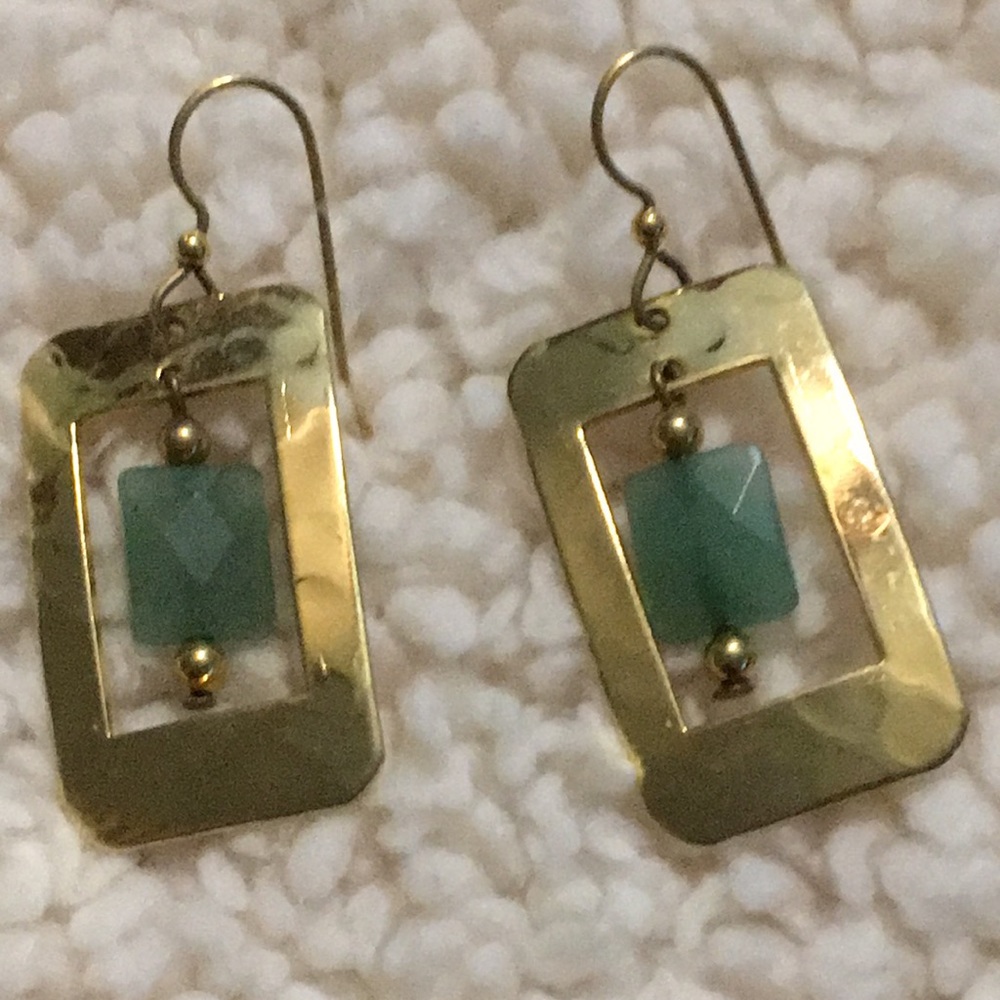 14K hoop for ear, jade piece in center, rectangular part is not gold just plated
